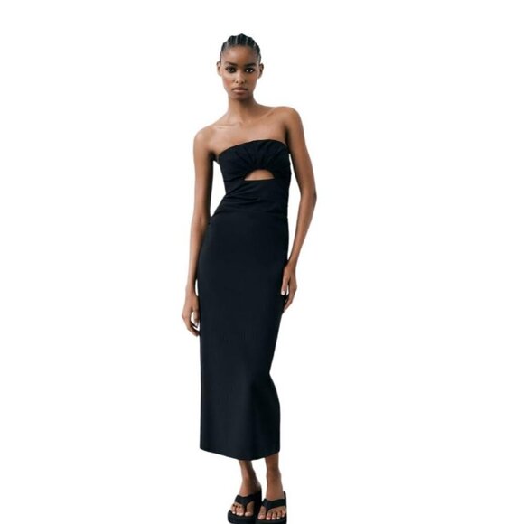 Zara Dresses & Skirts - ZARA STRAPLESS MIDI DRESS WITH CUT-OUT DETAIL BLACK SIZE S | 8342/220